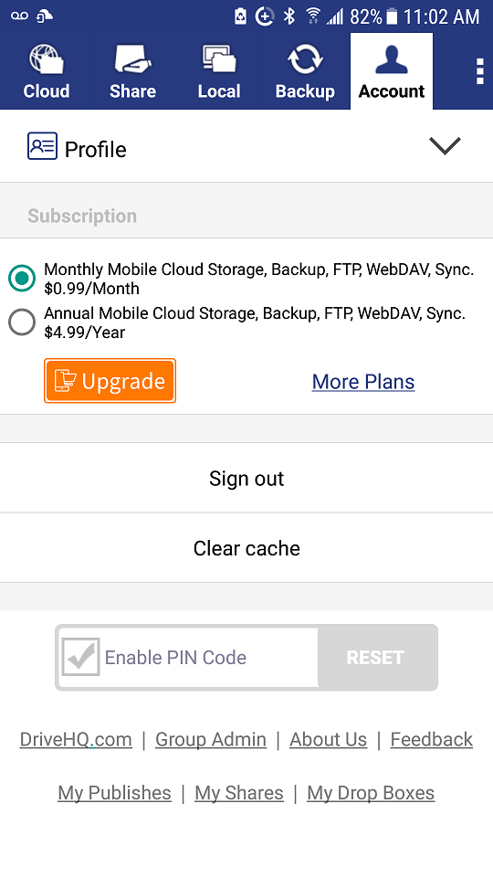 DriveHQ FileManager for Android screenshots - Account Options, Subscribe