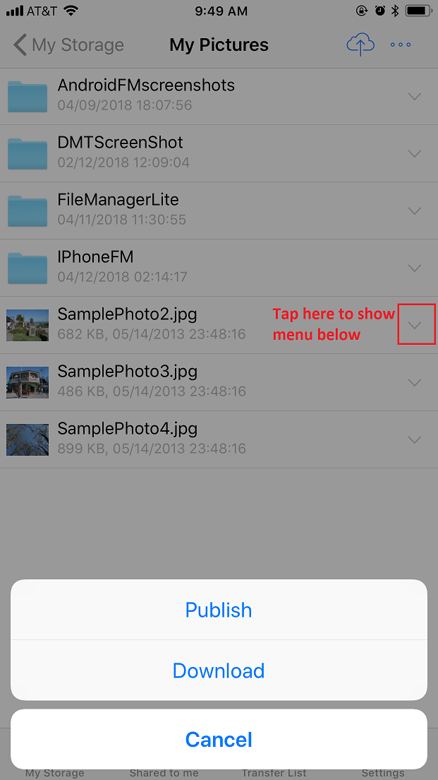 DriveHQ FileManager for iPhone screenshot - accessing folders shared to you with access control