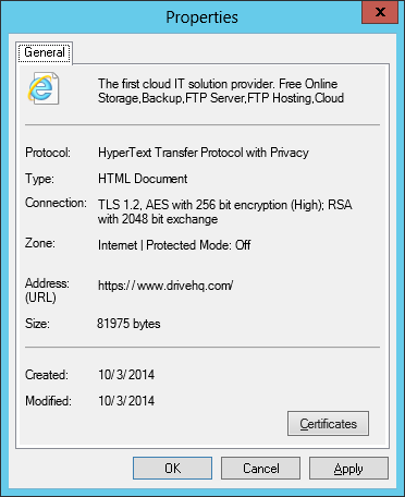 DriveHQ SSL Properties showing 256-bit encryption with TLS 1.2 and 2048-bit key